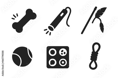 Pet toy icon set. Solid glyph collection for dog and cat supplies. Vector illustration of interactive toys like bone, laser pointer, feather wand, ball, puzzle feeder, tug rope.