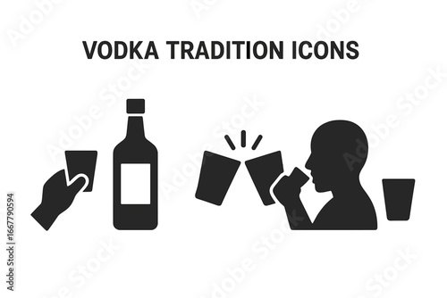 Vodka Tradition Icons Set, Solid Filled Vector Symbols of Vodka Drinking Customs, Toast Gesture, Cheers with Clinking Glasses, Drinking Shot, Celebration Illustration