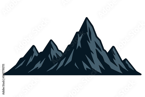 Mountain range silhouette vector icon. Outdoor nature landscape for adventure, travel, hiking, or climbing logo. Rocky peaks and summit illustration isolated on white background.