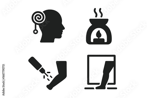 Phantom limb pain therapy icon set. Vector glyphs for hypnosis, aromatherapy, laser treatment, and mirror therapy. Medical symbols for amputation and rehabilitation concepts.
