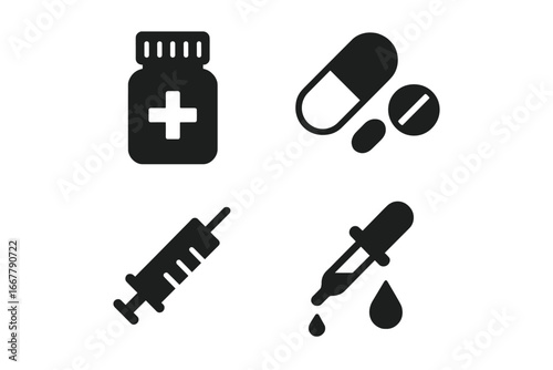 Pharmaceutical icon set. Medical solid filled glyphs. Vector collection of medicine symbols. Pill bottle, capsule, tablet, syringe for injection, dropper with drop liquid.