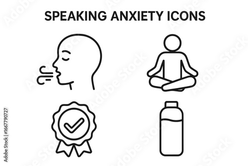 Speaking anxiety outline icons. Managing public speaking fear with deep breathing, meditation, reassurance badge, water bottle. Glossophobia and mental health vector concept icons.
