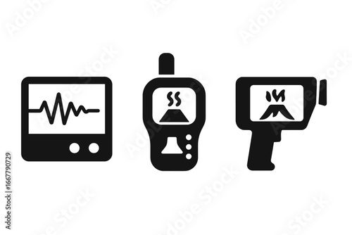 Volcanic monitoring icons solid filled vector set including seismograph gas analyzer and thermal camera volcanic activity detection tools illustration