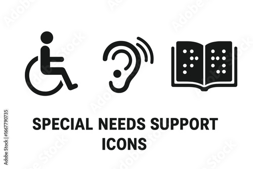 Disability solid icon set. Special needs, accessibility symbols. Wheelchair for physical disability, hearing aid for deaf, Braille for blind. Inclusive vector pictogram design.