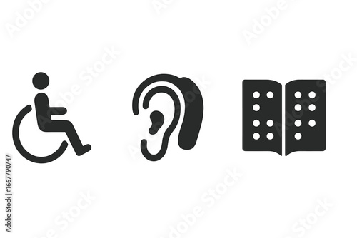 Disability vector icon set. Accessibility signs. Wheelchair for physical impairment, hearing aid for deaf people, and braille book for the blind. Special needs support symbol.
