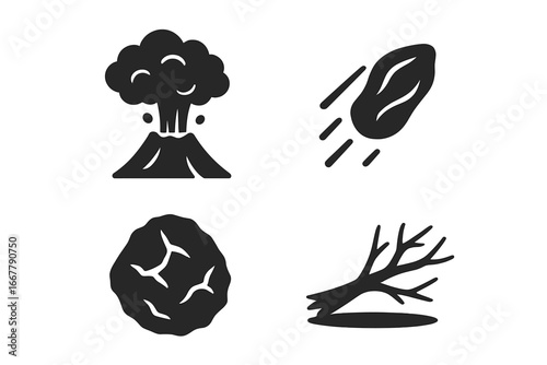 Volcano icon set solid filled volcanic eruption ash cloud lava fragment volcanic rock broken tree debris vector illustration transparent background