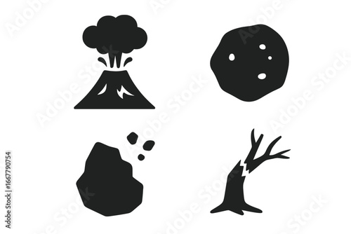 Volcano eruption icon set, solid filled vector illustrations of volcanic ash cloud, lava fragments, volcanic rocks, broken tree silhouette, natural disaster symbols collection