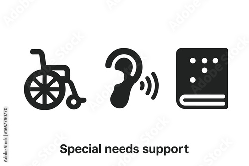 Disability and special needs solid icon set. Accessibility symbols for impairment support. Wheelchair, hearing aid, Braille book. Inclusive design vector glyphs for web and print.