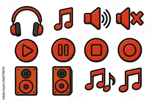 Music and sound vector icon set. Cartoon collection of audio symbols. Headphones, speakers, note and media player playback buttons like play, pause, stop, record and volume.