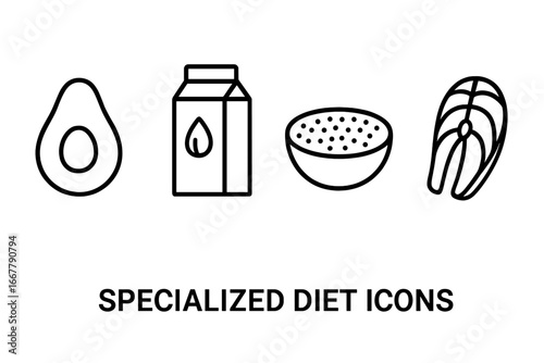 Healthy diet food outline icons. Specialized nutrition concepts for keto, paleo, clean eating. Vector symbols of avocado, almond milk, quinoa, and fresh salmon fillet.