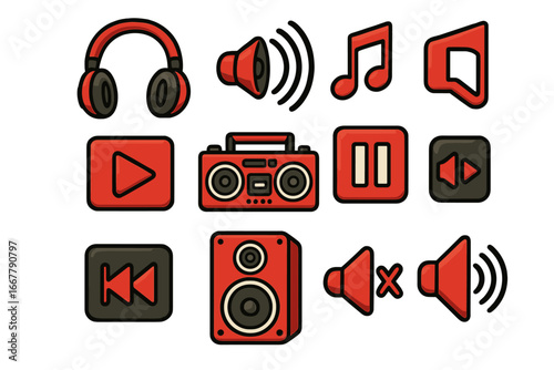 Red music and sound icons set. Vector cartoon collection of audio symbols. Includes headphones, speaker, ghetto blaster, play, pause, skip, and volume buttons for media player.