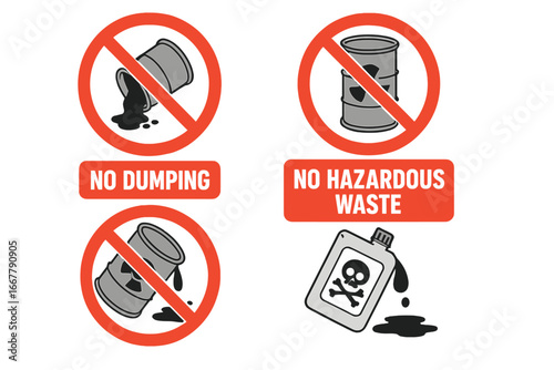 No dumping signs prohibiting hazardous waste. Vector set of prohibition icons. Toxic, chemical, radioactive waste. Environmental pollution concept. Skull, crossbones, barrel.