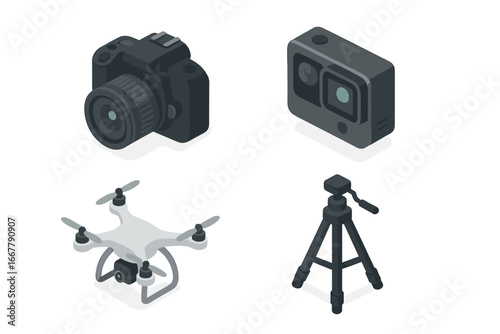 Photography and videography gear isometric icon set. Vector illustration of a DSLR camera, action cam, drone with camera, and tripod. Content creation equipment concept.