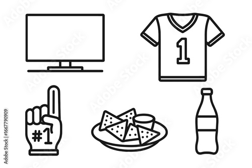 Sports viewing party outline icon set. Vector collection of game day essentials: TV screen, team jersey, foam finger, nachos and soda. Fan attributes and snacks concept.