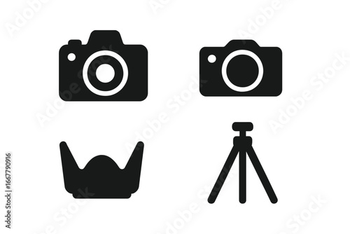 Photography icon set. Solid glyph icon collection of 4 photography equipment items. DSLR, mirrorless camera, lens hood, tripod. Vector pictogram graphic element design.
