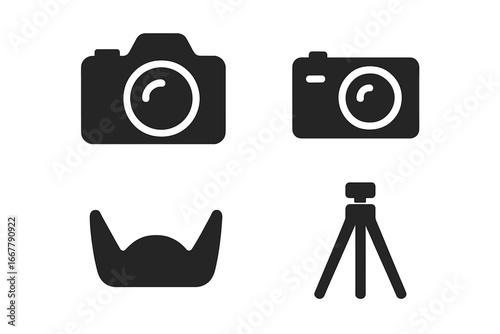 Photography icon set. Solid glyph icons of photo equipment. Vector DSLR, mirrorless camera, point and shoot, lens hood, tripod symbols for web and mobile apps. Photo gear.