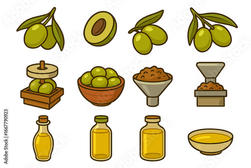 Olive oil production process icon set. Vector cartoon illustration of green olives, branch, press, bottle, and bowl. Healthy Mediterranean food & culinary ingredient concept.