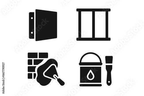 Wall Construction Icons Solid Filled Set of Building Materials and Tools Drywall Panels Wall Studs Plaster Trowel Paint Can and Brush Home Renovation Vector Illustration