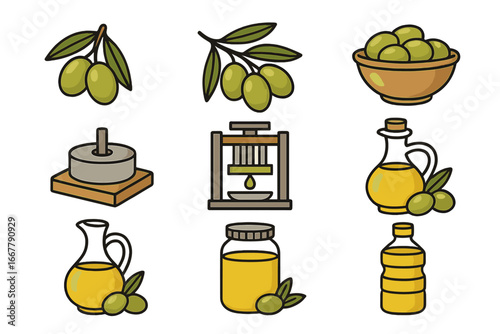 Olive oil production icon set. Vector process from branch to bottle. Includes press, millstone, fruit, and leaves. For organic food, agriculture, and healthy cooking concepts.