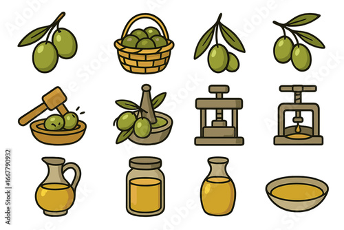 Olive oil production process icon set. Vector illustration of olives harvest, pressing, and bottling. Food industry, agriculture, and culinary concept for graphic design.