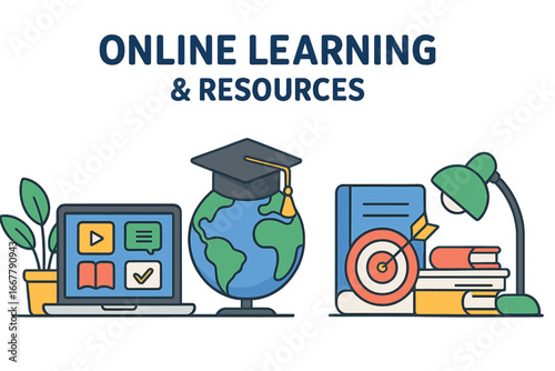 Online learning tools and resources for virtual education. E-learning concept for academic success. Global education, knowledge, study, and goal achievement vector cartoon.