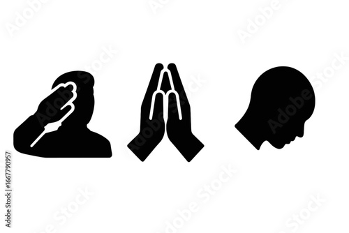 War-Time Emotional Icons Set of Solid Black Silhouettes Showing Saluting Hand, Folded Praying Hands, and Bowed Head Gesture Illustrations for Military Respect and Mourning