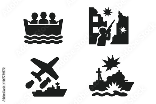 War Battle Icon Set Solid Filled Vector Illustration of Iconic Historic Military Events Normandy Landing D-Day Soldiers Battle of Stalingrad Urban Combat Pearl Harbor Attack Navy Ship Explosion