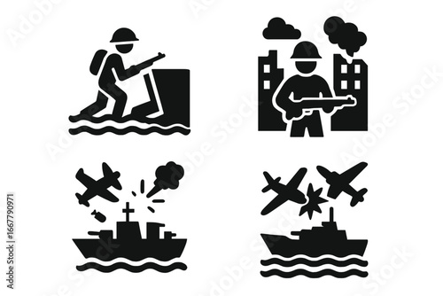War Battle Icon Set. Solid filled 4-piece vector set of iconic historical battles including Normandy Landing, Battle of Stalingrad, Pearl Harbor naval air attack, and WWII sea combat symbols