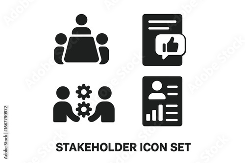 Stakeholder engagement solid icon set. Business management glyph pictograms. Icons for meeting, collaboration, feedback, partnership, report, analysis, and communication vector.