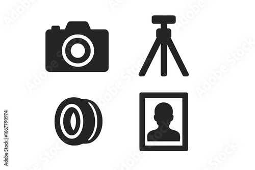 Photography solid glyph icon set. Vector collection of photographer equipment symbols. Camera, tripod, lens, portrait frame. Photo studio gear for web, mobile app, logo.
