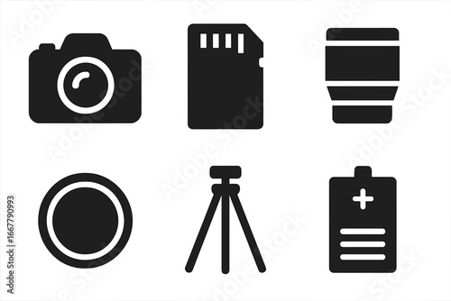 Photography equipment icon set. Solid glyph vector pictograms. Professional photographer gear symbols for web design. DSLR camera, lens, tripod, battery, memory card, filter.