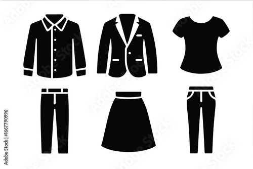 Wardrobe essentials icons solid filled vector set of his and hers classic clothing essentials including dress shirt blazer blouse pants skirt stylish silhouette illustration