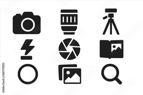 Photography solid glyph icon set. Photographer equipment and gear collection. Vector symbols of camera, lens, flash, tripod, aperture, photo album, gallery, zoom and filter.