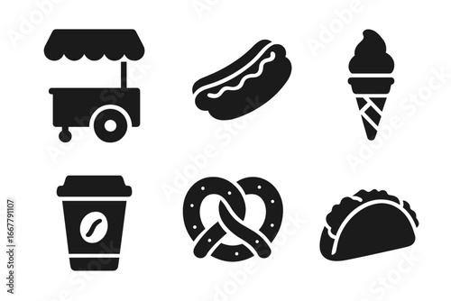 Street food solid glyph icon set. Simple black pictogram collection of fast food snacks. Food cart, vendor, hot dog, ice cream, coffee cup, pretzel, taco vector illustration.