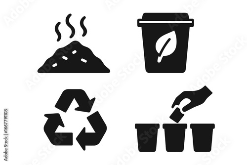 Waste management icons solid vector set including landfill, compost bin, recycling arrows, waste segregation symbols, environmental protection, sustainable waste disposal illustrations