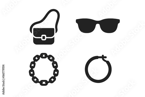 Street fashion accessories icon set. Vector glyphs of crossbody bag, sunglasses, chain necklace and hoop earring. Modern urban style elements. Minimalist black silhouettes.