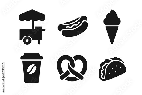Street food solid glyph icon set. Vector collection of fast food symbols. Food cart, hot dog, ice cream, coffee to go, pretzel, taco silhouettes for web and mobile design.