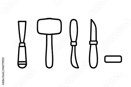 Wood Carving Tools Set Vector Outline Icons Including Chisel, Mallet, Gouge, Carving Knife, Sharpening Stone for Woodworking and Crafting Design Elements