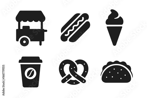 Street food icons. Solid filled icon set of street food vendor, food cart, hot dog, ice cream, coffee, pretzel, taco. Vector illustration for web, app, mobile, and food festival.