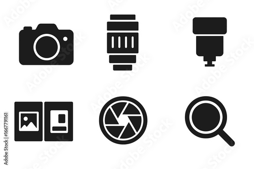 Photography equipment solid glyph icon set. Vector collection of camera, lens, flash, photo album, aperture, and zoom symbols. Professional photographer graphic elements.