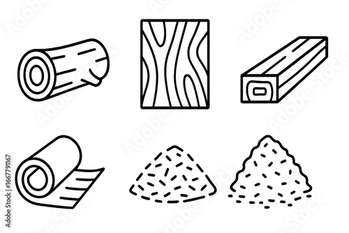 Wood Products Icons Outline Set of Timber and Wood Materials including Log, Plywood Sheet, Lumber Plank, Veneer Roll, Wood Chip Pile, Vector Illustration on Transparent Background