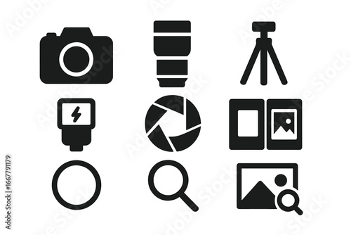Photography icons set. Solid glyph vector collection. Photo camera, lens, tripod, flash, aperture, album, filter, zoom symbol. Photographer equipment graphic elements.
