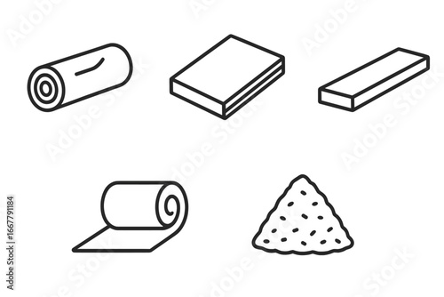 Wood Products Icons Set. Outline Vector Illustration of Timber Log, Plywood Sheet, Lumber Plank, Veneer Roll, Wood Chip Pile for Construction, Carpentry, and Manufacturing
