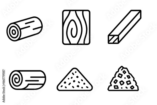 Wood products icons outline set including timber log, plywood sheet, lumber plank, veneer roll, wood chip pile, industrial wood materials vector illustration on transparent background