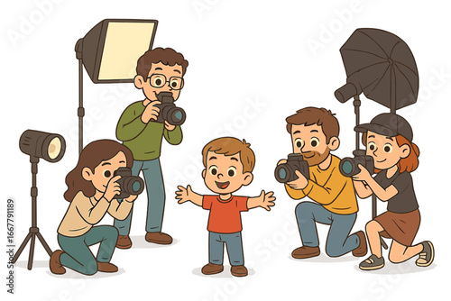 Photoshoot session with a cute child model. Group of photographers and paparazzi taking pictures. Photo studio with professional cameras and lighting equipment. Vector illustration.