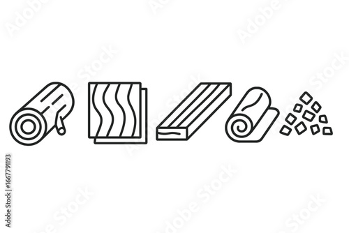 Outline vector icons of wood products set including timber log, plywood sheets, lumber plank, veneer roll, and wood chip pile, forestry materials, timber industry illustration