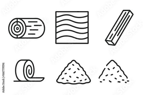 Outline Icons of Wood Products and Timber Materials, Including Log, Plywood Sheet, Lumber Plank, Veneer Roll, and Wood Chip Pile, Vector Illustration on Transparent Background