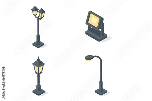 Isometric street light icon set. Vector collection of city lampposts, outdoor floodlight, decorative lantern and modern lamps for urban infrastructure and park illumination.