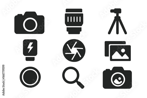 Photography icon set. Solid glyph vector icons for photographer equipment and photo app UI. Camera, lens, tripod, flash, aperture, photo album, filter, zoom, gallery symbols.