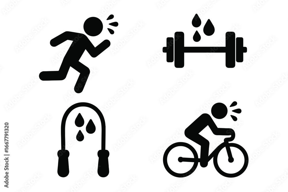 Naklejka premium Physical exertion solid icon set. Fitness and workout concept. Sweating stick figure running, cycling. Dumbbell weights and jump rope. Sport and cardio exercise vector pictogram.